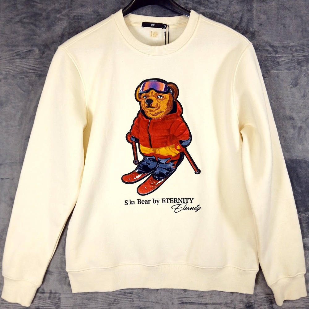 Mens ETNT Eternity Ski Bear Sweatshirt Eggshell 3D Chenille Applique Skiing NWT‎